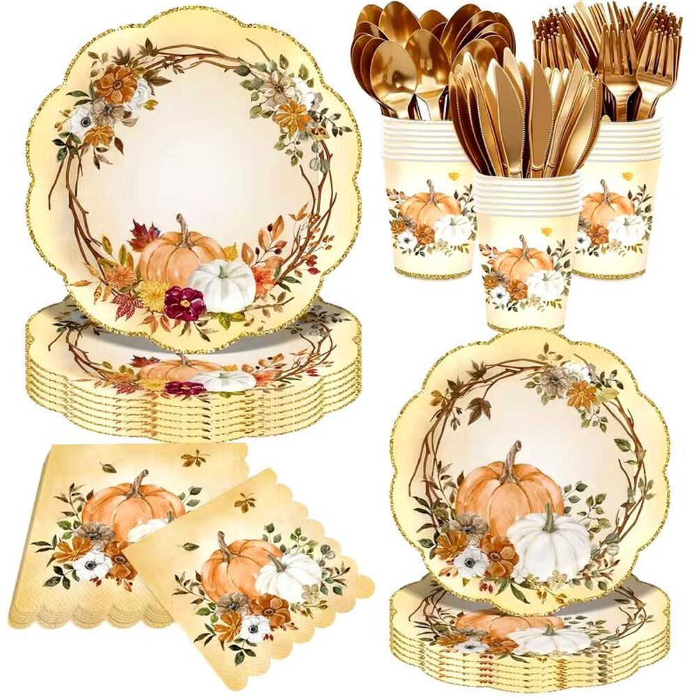 Autumn Pumpkin Tableware Set 140-pc Paper Plates Napkins Cups Cutlery for 20 NEW